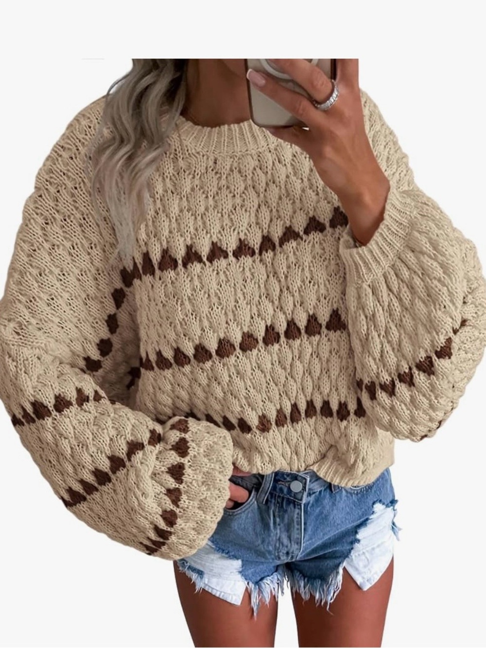 Cozy Cream Knit Oversized Sweater with Brown Stripe Detail. Medium